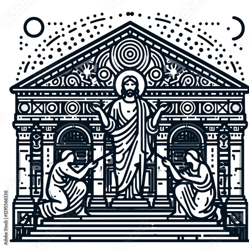 Religious scene with Christ and worshippers in line art style.