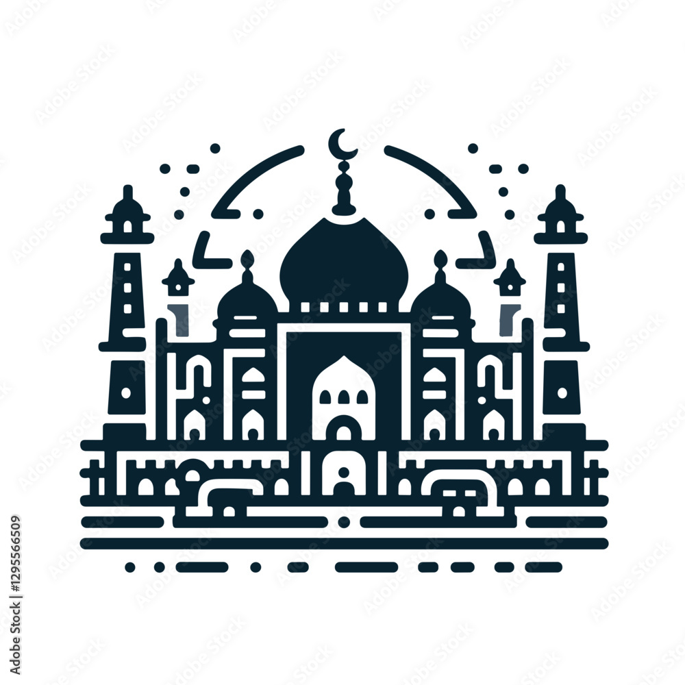 Fototapeta premium Taj Mahal vector illustration with crescent moon.