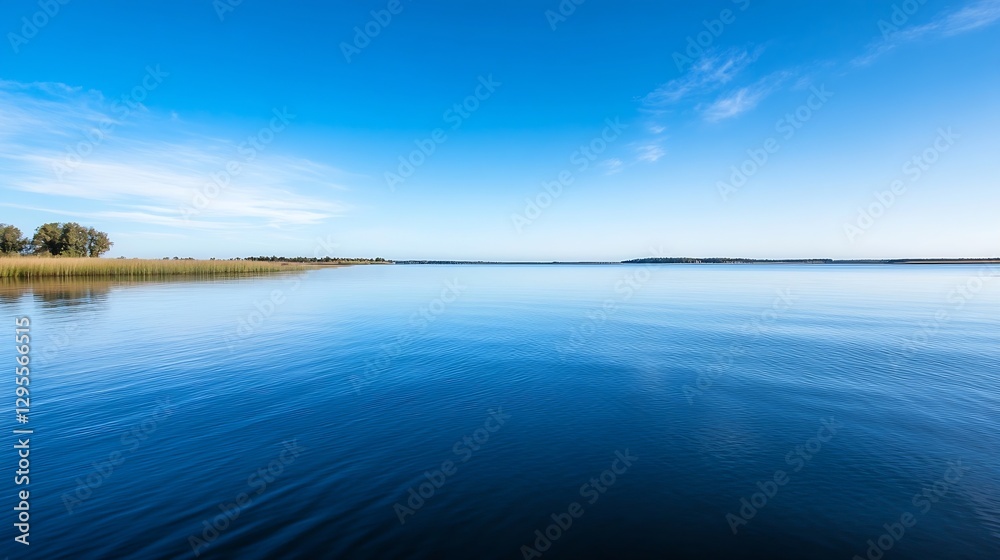 Peaceful Calm Water Surface Under Clear Blue Sky : Generative AI Peaceful Calm Water Surface Under Clear Blue Sky : Generative AI