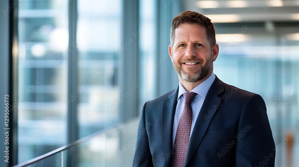 Professional business man smiling confidently in modern office with large windows : Generative AI