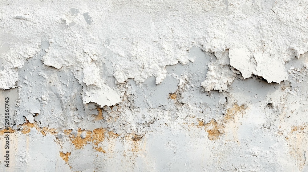 Obraz premium Close-up of a weathered, peeling white and gray wall with exposed patches of underlying material.