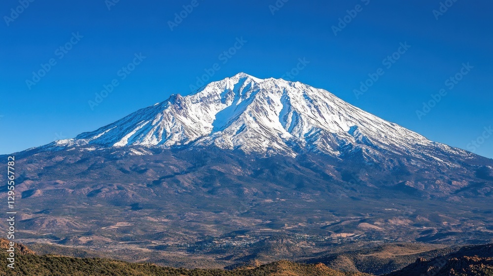 Mount Shasta majestically rises against a clear blue sky Mount Shasta majestically rises against a clear blue sky