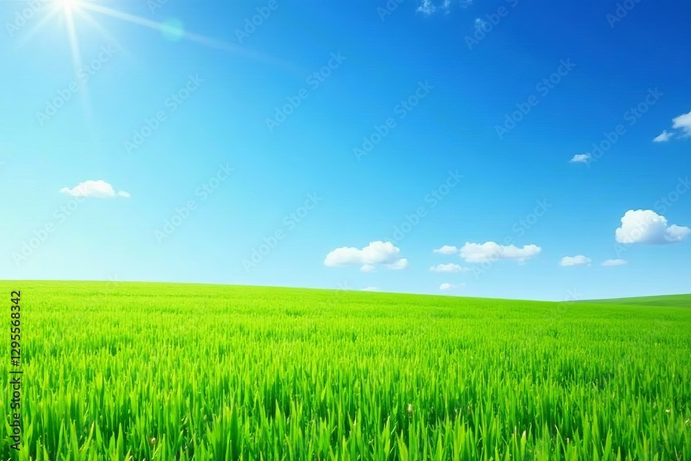 Obraz premium Vibrant green grass field under clear blue sky in springtime, lawn, grass