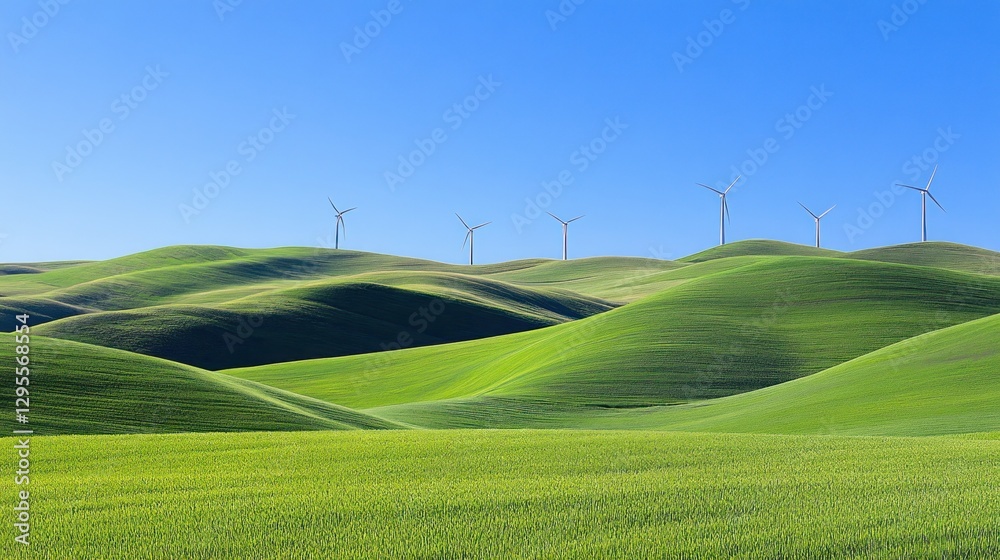 Wind turbines stand atop rolling green hills Wind turbines stand atop rolling green hills