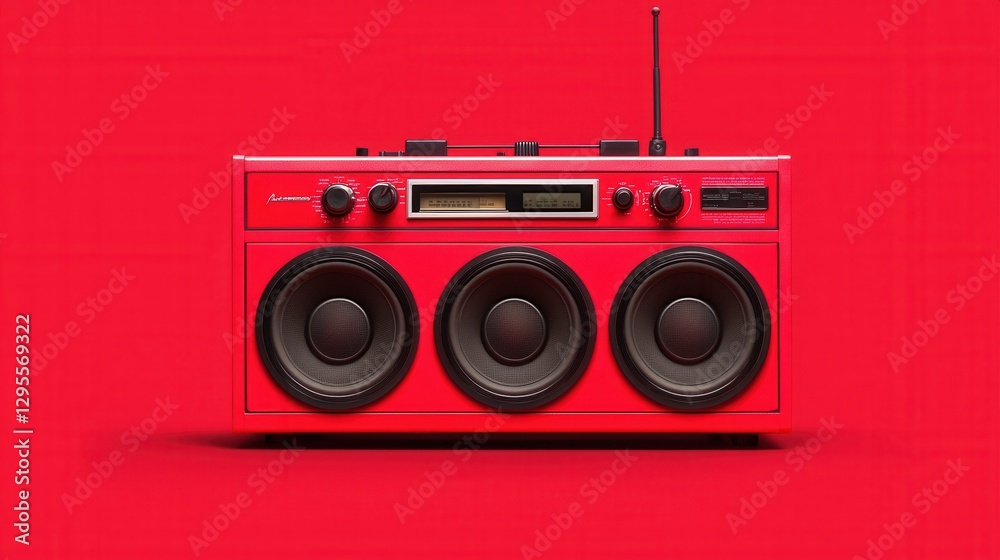 Fototapeta premium Vintage Red Boombox with Three Speakers on Bright Red Background