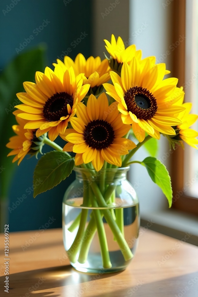 Fototapeta premium Vibrant sunflowers in a clear glass vase on a wooden table, arrangement, table
