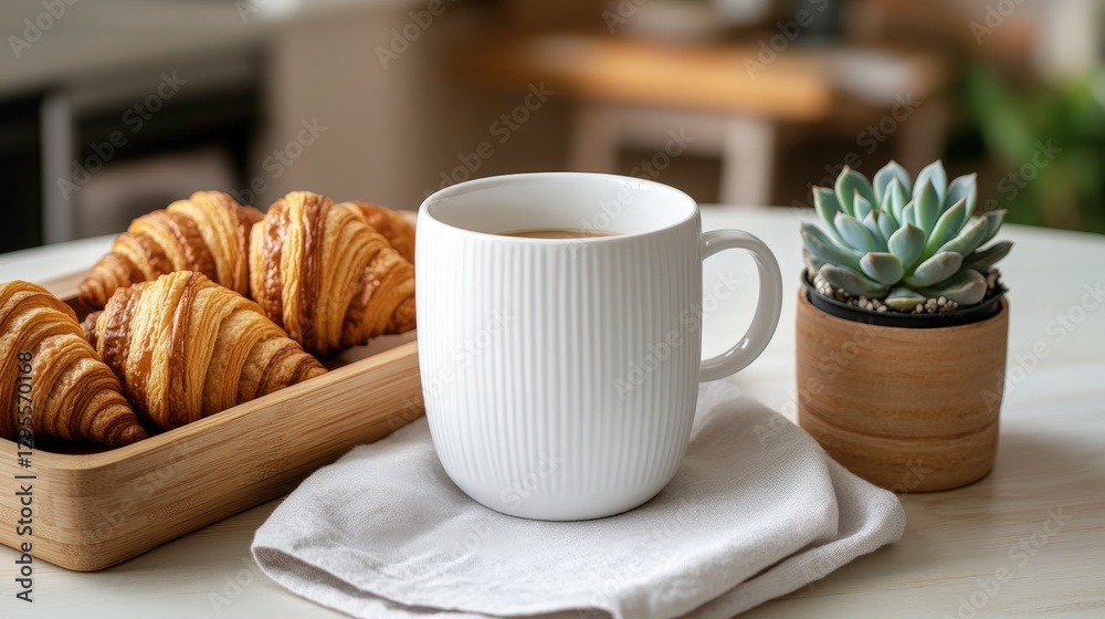 Fototapeta premium Cozy Scandinavian kitchen with coffee cup and fresh croissants on wooden tray