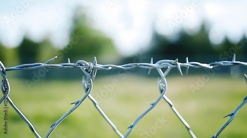 Close Up of Barbed Wire on a Fence with a Blurred Green Background Symbolizing Restriction : Generative AI