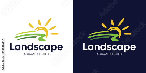 Landscape logo design, Modern simple landscape logotype integrated with sun icon, Creative agriculture design symbol template inspiration, Ecology, Hills, Farm Logo, Nature logo vector template.