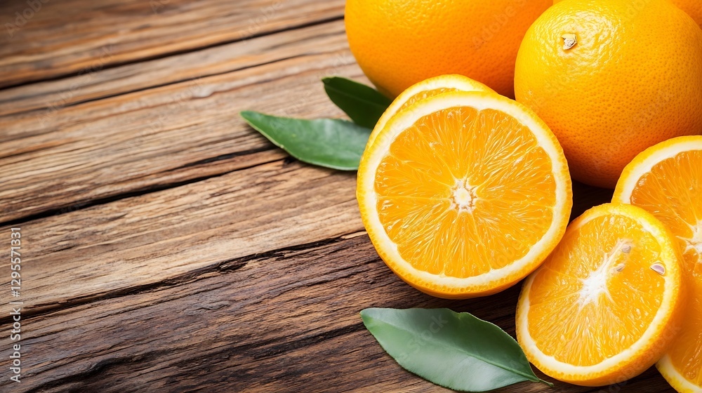 Freshly cut oranges displayed beautifully on rustic wooden surface with vibrant color and green leaves : Generative AI Freshly cut oranges displayed beautifully on rustic wooden surface with vibrant color and green leaves : Generative AI
