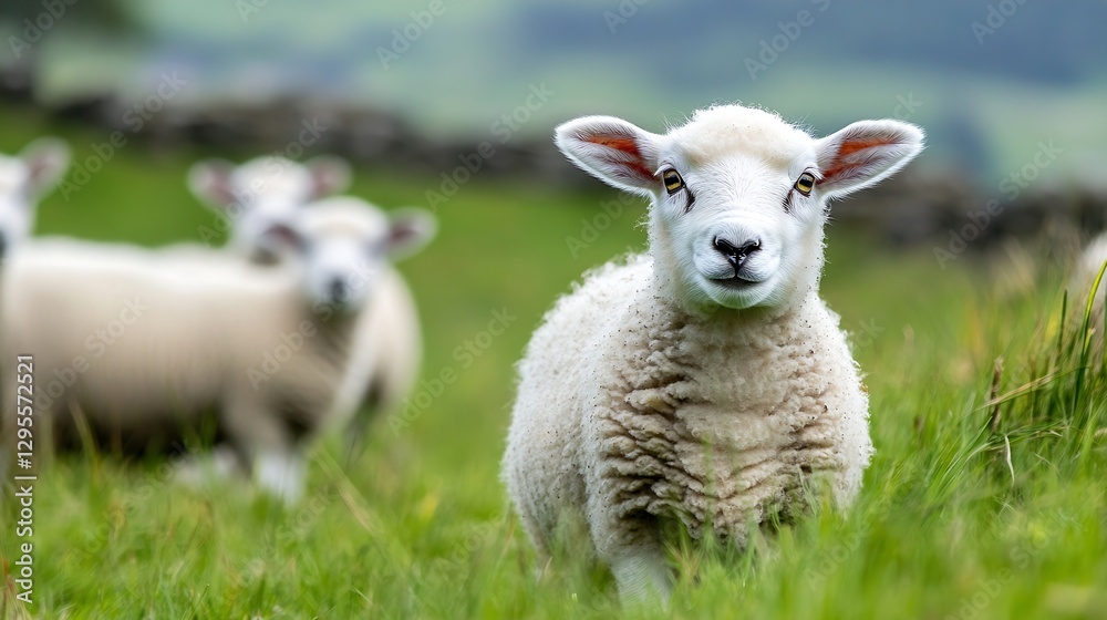 Adorable Young Sheep Grazing in Green Pasture During Sunny Day : Generative AI Adorable Young Sheep Grazing in Green Pasture During Sunny Day : Generative AI