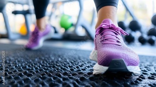 Closeup of stylish purple running shoes on a gym floor emphasizing comfort and performance in fitness activities : Generative AI