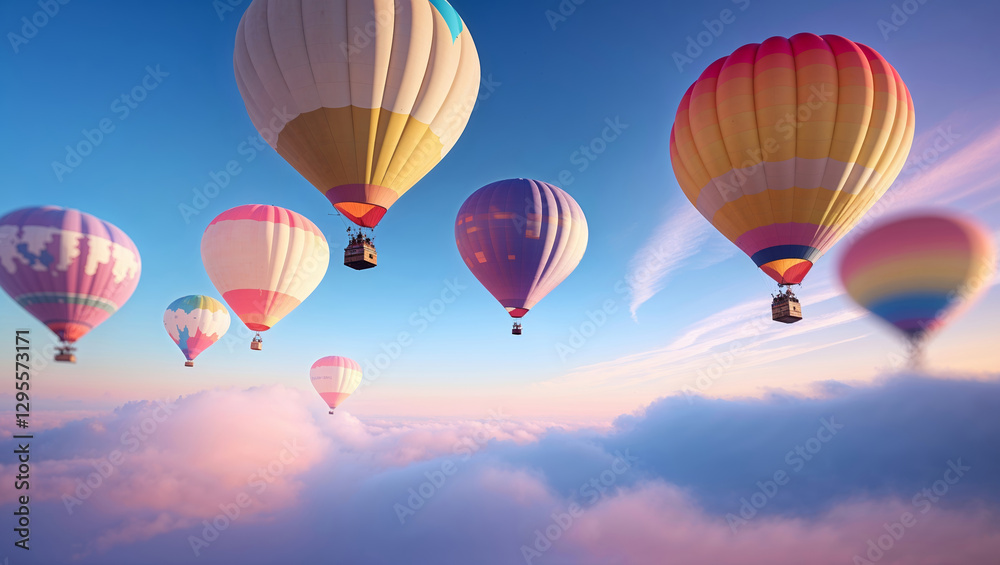 Fototapeta premium Colorful hot air balloons drifting among clouds at sunrise over a serene landscape