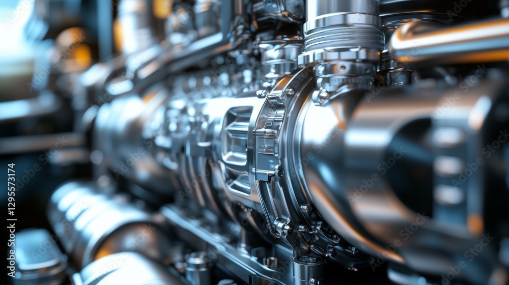Fototapeta premium Industrial machinery operation manufacturing plant close-up view precision engineering metal components focused perspective technological innovation