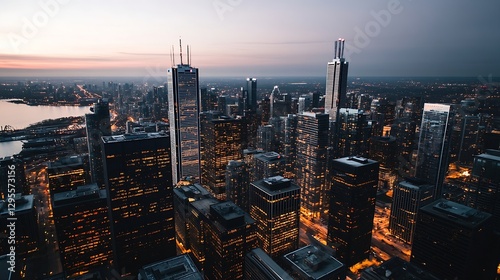 Breathtaking Aerial View of a Vibrant Urban Skyline at Sunset with Sparkling City Lights : Generative AI