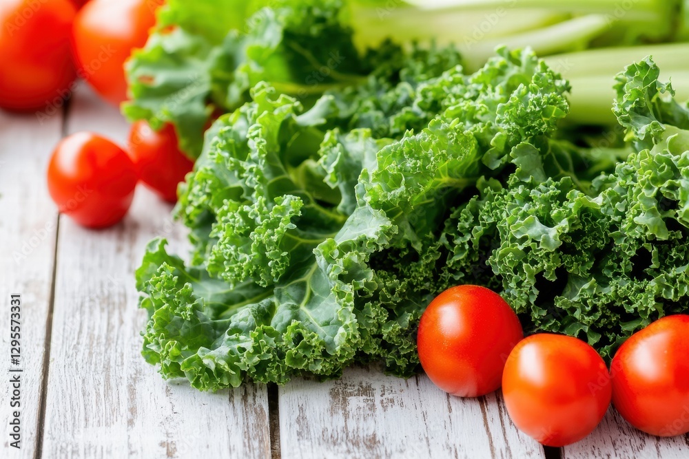 A collection of fresh green kale leaves and vibrant red tomatoes showcasing a mix of colors for healthy eating. A collection of fresh green kale leaves and vibrant red tomatoes showcasing a mix of colors for healthy eating.