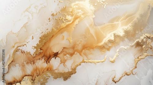 Abstract golden and white fluid marble texture. Digital art for luxury and modern design. Background image of fluid texture of gold and white color mixing together. Marble pattern concept. AIG51.
