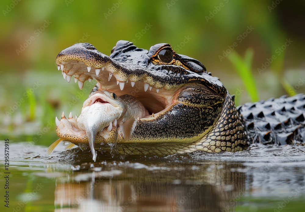 Obraz premium Alligator with Prey in Water: A Close-Up of an Alligator Catching Fish in a Serene Natural Habitat Setting