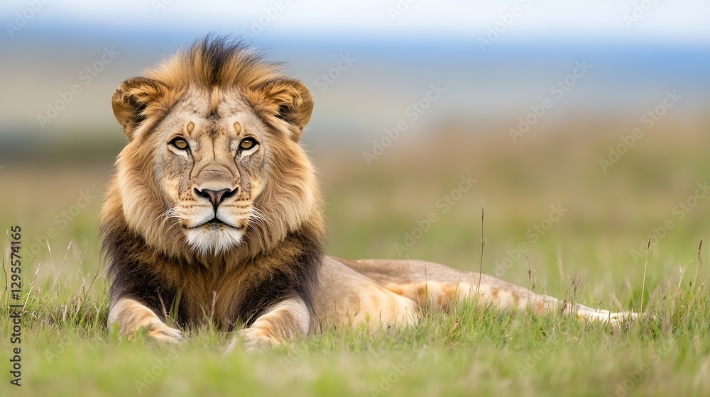 Majestic lion resting calmly in the grassland showcasing its royal mane and fierce expression : Generative AI Majestic lion resting calmly in the grassland showcasing its royal mane and fierce expression : Generative AI