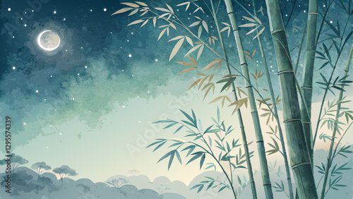Watercolor bamboo background, elegant bamboo stalks with soft hues blending into a tranquil night sky, symbolizing the gentle beauty of nature during the festival with copy space  