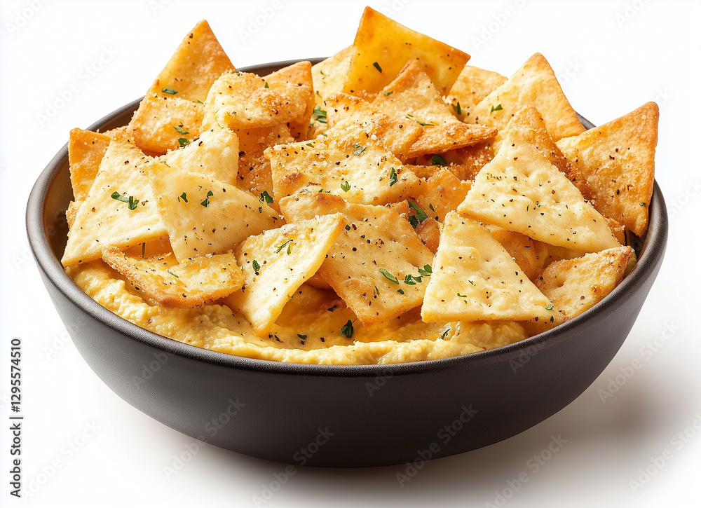Delicious Hummus with Crispy Pita Chips and Fresh Herbs on White Background Delicious Hummus with Crispy Pita Chips and Fresh Herbs on White Background