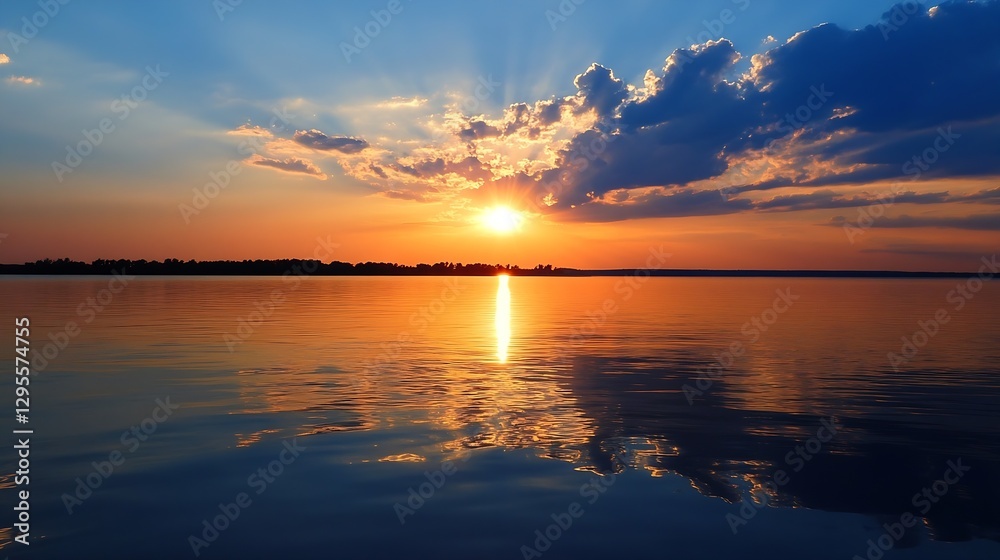 Obraz premium Stunning sunset over tranquil lake with colorful sky reflecting on the calm water surface : Generative AI