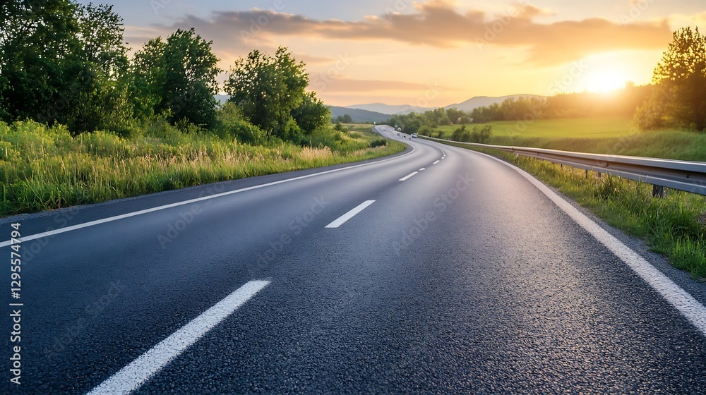 Scenic Road Surrounded by Lush Greenery Leading into a Vibrant Sunset Horizon : Generative AI Scenic Road Surrounded by Lush Greenery Leading into a Vibrant Sunset Horizon : Generative AI