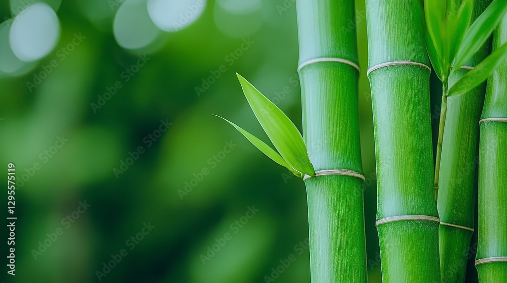 Fresh Green Bamboo Stalks with Leaves Against Soft Blurred Background Fresh Green Bamboo Stalks with Leaves Against Soft Blurred Background