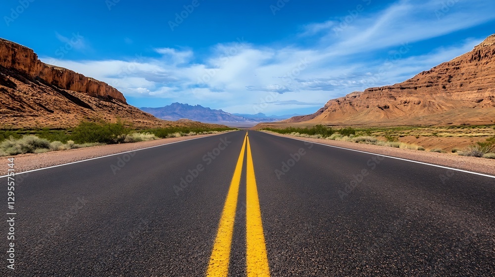 Fototapeta premium Scenic empty highway stretching towards mountains under a bright blue sky with attractive clouds : Generative AI