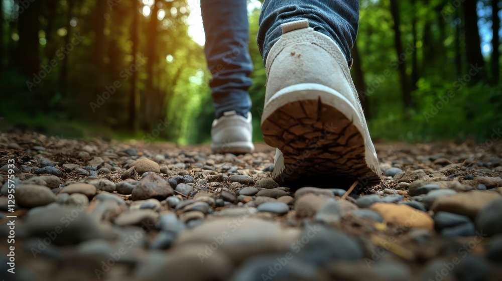 Obraz premium Journey on Rocky Path through Woodland Adventure Strolling with Comfort Footwear in Nature Trail