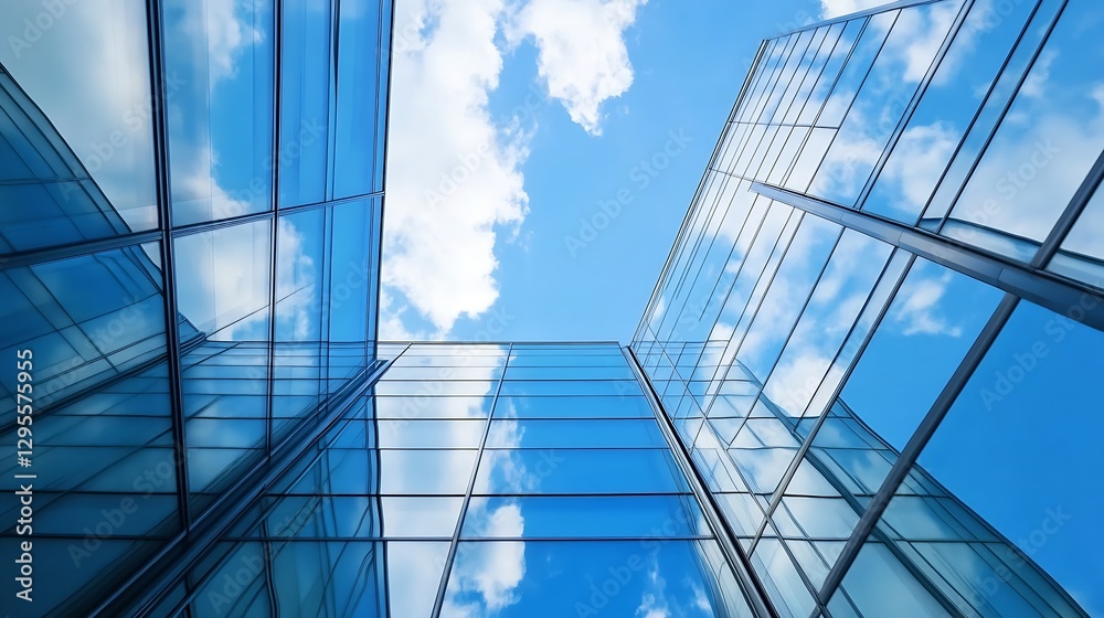 Obraz premium Stunning view of skyscraper glass windows reflecting blue sky and white clouds : Generative AI
