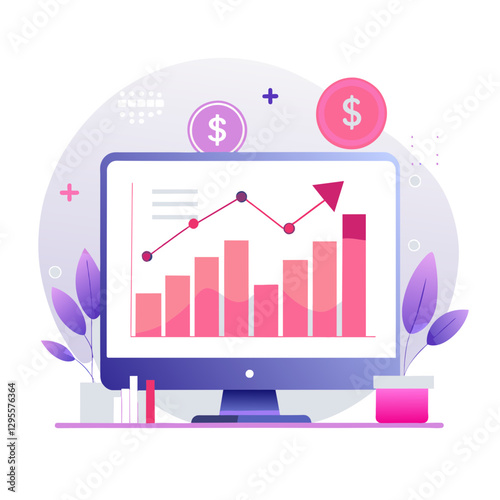 Business growth displayed on a computer screen with upward trend graph. Flat design illustration of financial success in a home office setting.