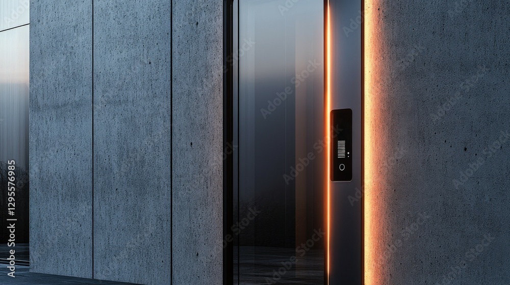 Futuristic frameless glass door with smart digital handle and LED glow
