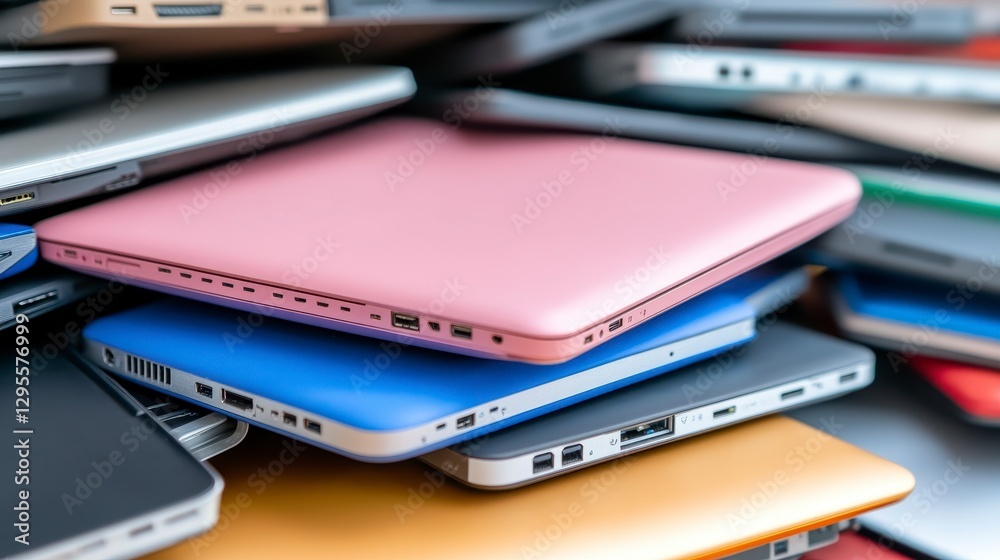 Colorful Laptops Stacked Together in a Creative Arrangement Colorful Laptops Stacked Together in a Creative Arrangement