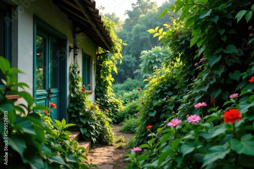 Forgotten balcony overrun with weeds and vines, weeds, neglected, wildflowers photo