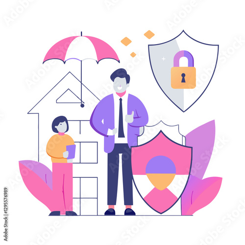 Family protection with insurance agent in a modern home setting. Agent giving a thumbs up next to a child with a house and umbrella icons; illustration conveys security and insurance.