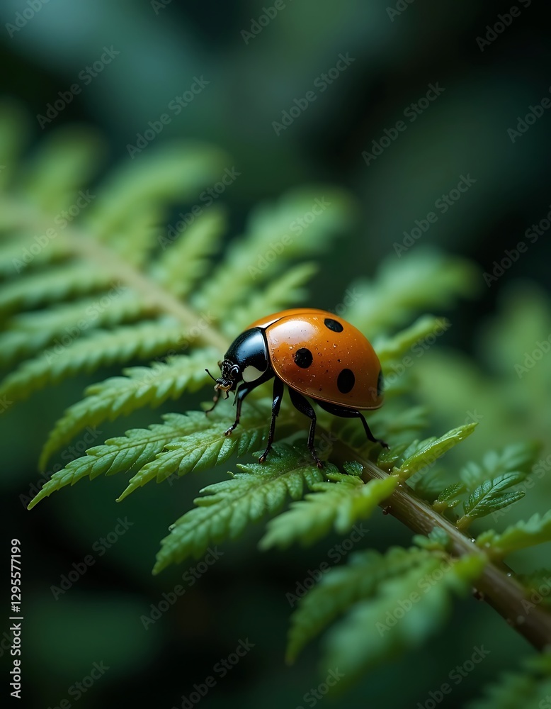 Obraz premium Detailed Macro Shot of Ladybug on Fern Leaf in Natural Setting