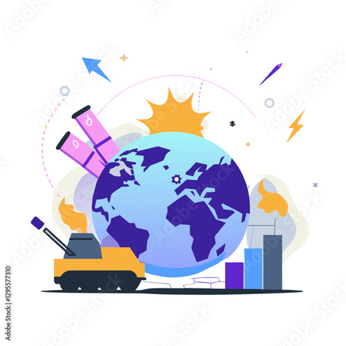 Global environmental crisis depicted with symbolic imagery of pollution and destruction.