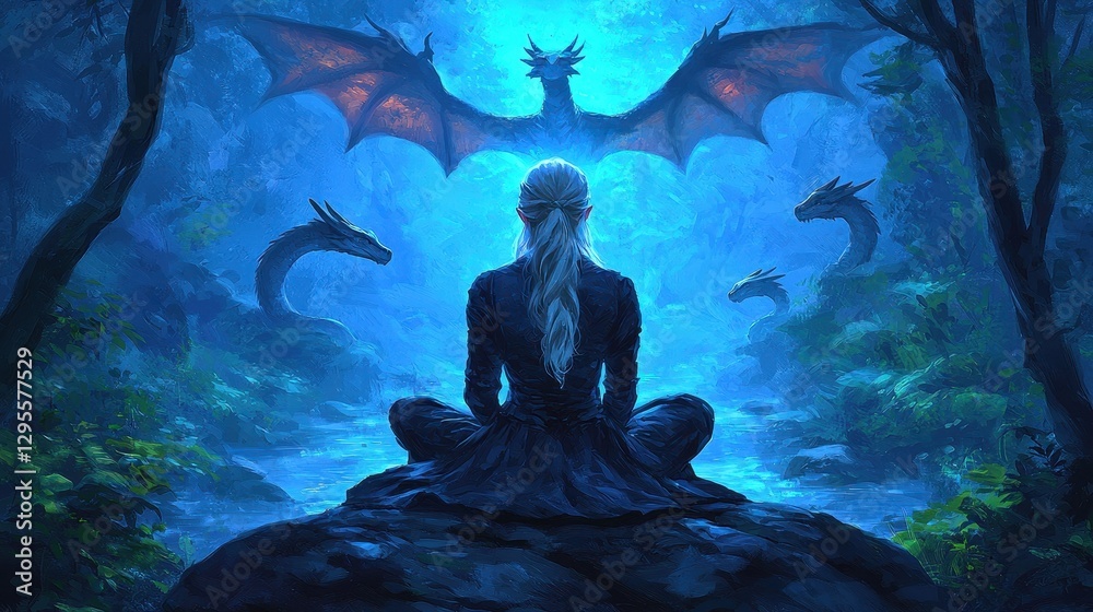 Obraz premium Mystical Scene with Woman Surrounded by Dragons in Enchanted Forest