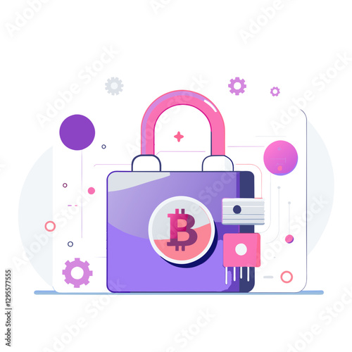 Cryptocurrency security lock with modern design in flat style. Secure digital asset storage with abstract background. Tech professional for secure crypto transactions.