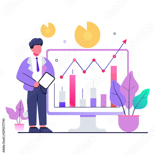 Businessman presenting financial data on a monitor in a modern office setting. Male professional in a suit, presenting growth charts and reports on computer display with office plant details.
