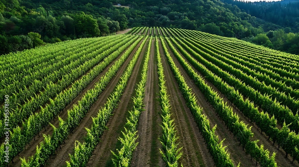 Aerial view of lush green vineyard rows stretching across the rolling hills under a clear sky : Generative AI Aerial view of lush green vineyard rows stretching across the rolling hills under a clear sky : Generative AI