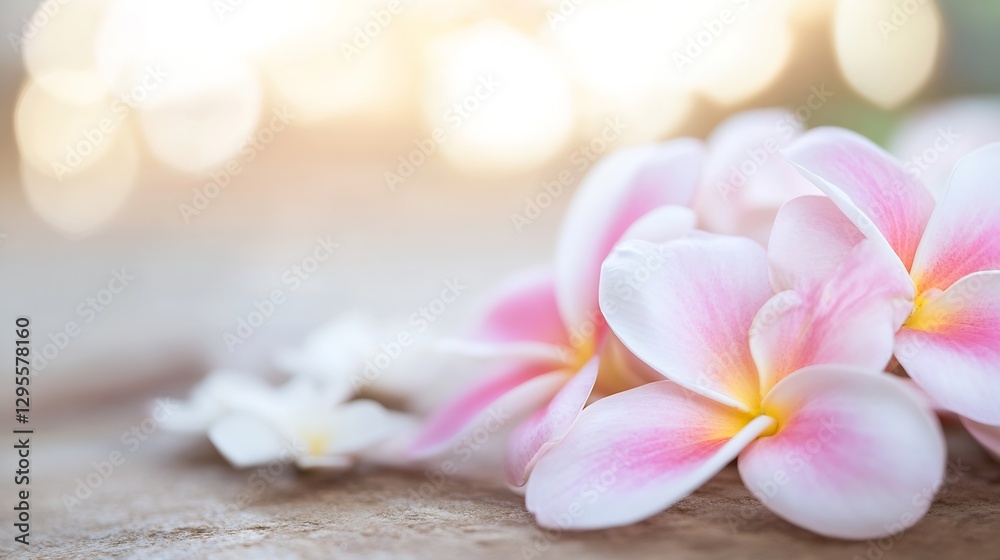 Delicate pink and white flowers resting on a wooden surface with soft sunlight : Generative AI Delicate pink and white flowers resting on a wooden surface with soft sunlight : Generative AI