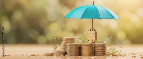 conceptual image depicting financial security and growth. stacks of coins protected by an umbrella, symbolizing safe investments and prosperity. photo