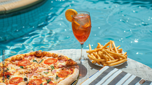 Glass of wine is on a table next to a plate of french fries and a pizza