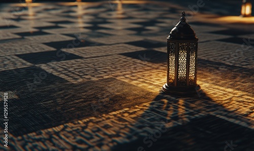 Ornate lantern glows on patterned surface, serene night scene