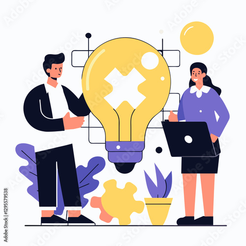 Two business professionals, male and female, in business casual attire, collaborate around a large lightbulb representing a breakthrough idea in a modern office setting.