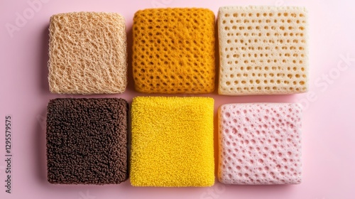 Colorful Sponges on Pink Background for Cleaning and Household Use