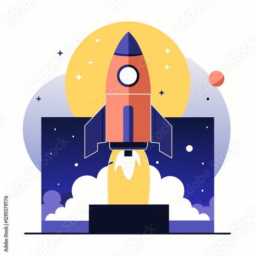 🚀 Rocket launch illustration in space. 🚀 Flat design illustration of a rocket launching into space against a night sky backdrop.