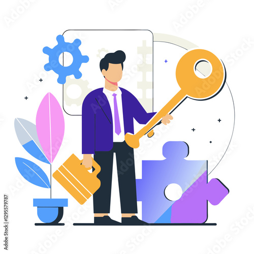A male professional in a purple suit and tie holds a large golden key, standing next to a puzzle piece in a modern office setting.